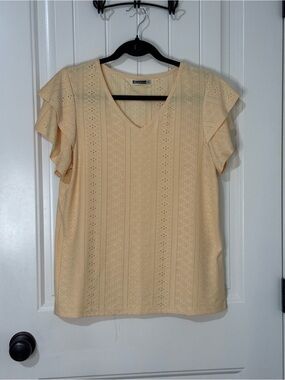 Buttery Yellow Eyelet V-Neck Ruffle Sleeve Top